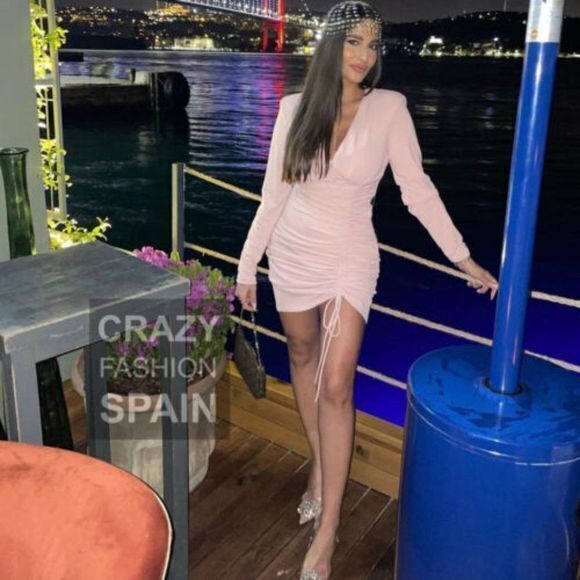 NEW ZARA WOMAN PALE PINK DRAPED DRESS SIZE S V NECK LONG SLEEVE W/ SHOULDER PADS - Picture 1 of 10